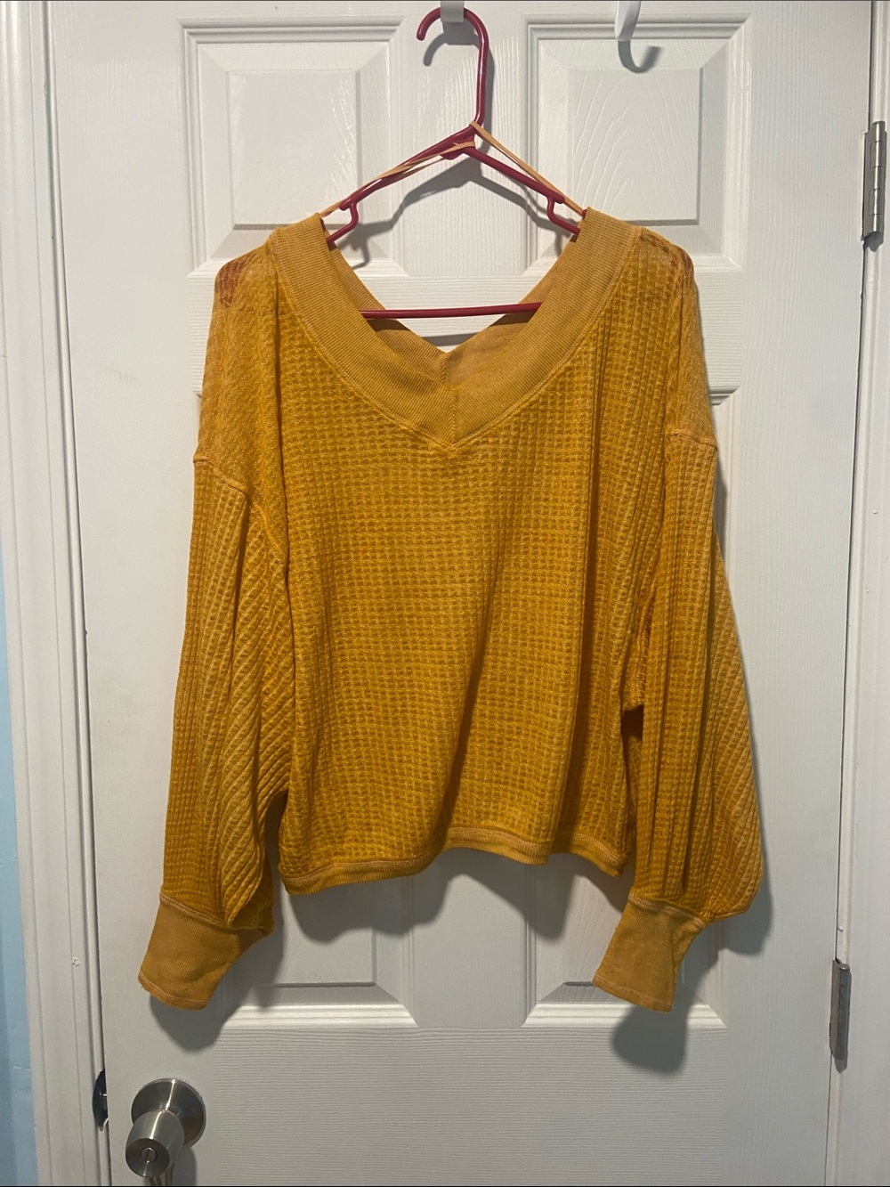 We The Free Mustard V-Neck Waffle Knit Sweater